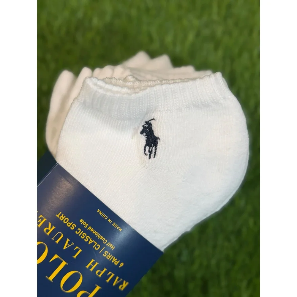 Polo Ralph Lauren 6 Pack White Classic Sport Ankle Socks Navy Pony Logo NEW